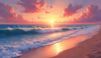 Spectacular sunset over ocean beach. Sky painted with shades of pink orange purple. Gentle waves break on golden sand. Beautiful scenery, seascape perfect for vacation trip.