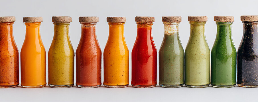 A variety of hot sauce bottles lined up in rows on a white background