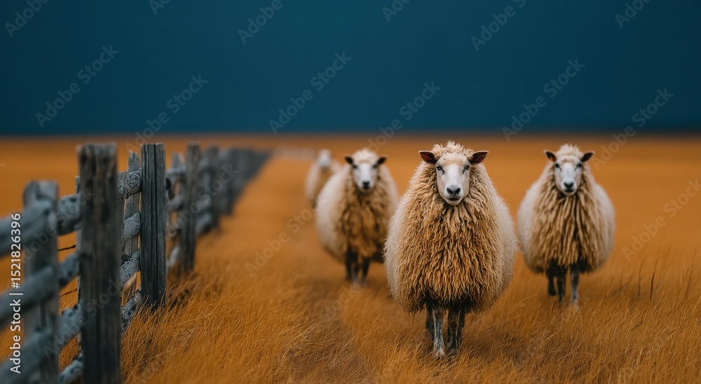 Poster flock of sheep walking in a golden field under a dark blue sky, representing rural tranquility and a