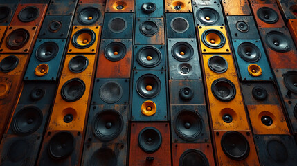 A wall of vintage speakers audio equipment music system sound system speakers for sound quality audio