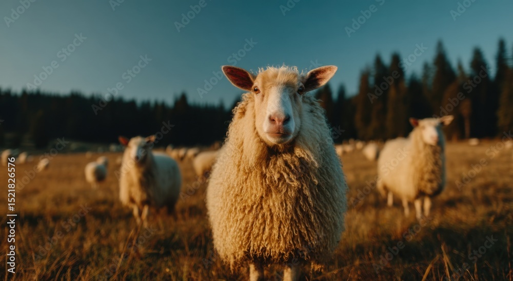 Poster flock of sheep grazing in a meadow at sunset, showcasing animal welfare and sustainable farming prac