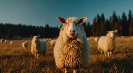 Naklejka premium Flock Of Sheep Grazing In a Meadow at Sunset, Showcasing Animal Welfare and Sustainable Farming Practices : Generative AI