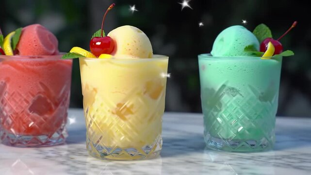 Three colorful refreshing summer drinks are served on a table next to a swimming pool, celebrating a holiday summer party footage.