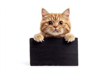 Street ad with cat. Isolated cat on a solid dress code pure white background. Studio concept for mascot. &ETH;&iexcl;ute adult cat selkirk rex hold in front paws a template - large dark black avenue sign.