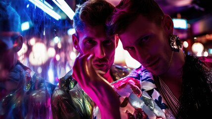 Two drag queens posing by mirror in reflective costumes under neon lights in nightclub. Studio portrait with dramatic lighting. LGBT nightlife and drag performance concept. Design for poster, greeting