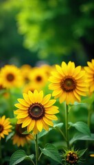Fototapeta premium Vibrant sunflowers in full bloom create a stunning display against a backdrop of lush green park foliage Perfect for summer, nature, and garden themes , sunny, green, happy