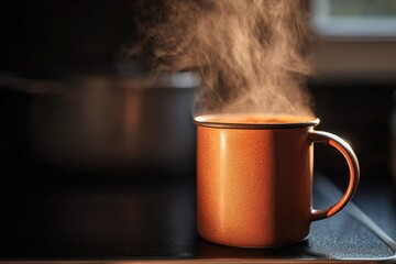 Fototapeta premium Warm beverage steaming in a cozy kitchen during winter morning
