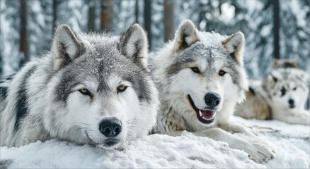 Fototapeta premium Gray Wolves Resting in Snowy Forest, Illustrating Wildlife Conservation and Winter Adventure : Generative AI