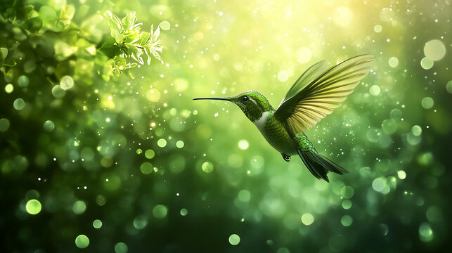Beautiful hummingbird flying in green nature background wallpaper stock photo image free download
