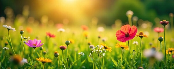 Vibrant wildflowers in a lush green field, bathed in golden sunlight, creating a picturesque summer scene perfect for decorating , rural, vibrant, cheerful