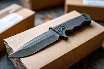 High-quality black tactical knife placed on a brown cardboard box in a workspace, showcasing its sharp blade and sturdy handle