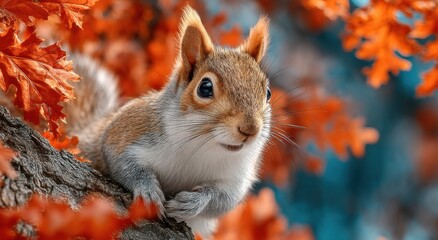 Fototapeta premium Squirrel Perched on Branch Amidst Autumn Leaves, Symbolizing Wildlife Conservation and Fall Season Charm : Generative AI