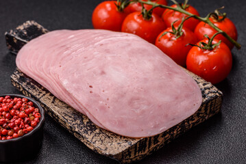 Sliced ham, meat or pork sausage for sandwiches. Cooked smoked prosciutto, ham