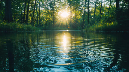 Sunlight reflecting on a pond with ripples and trees in the background creating a serene landscape