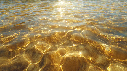 A close up view of shallow water with sunlight reflecting and creating patterns on the sandy bottom