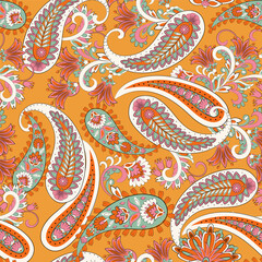 Paisley vector seamless pattern. Fantastic flower, leaves. Textile bohemian print. Batik painting. Vintage