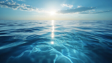 Sunlight reflecting on the surface of the ocean with a few clouds in the sky above the water line
