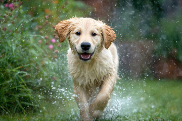 A vibrant golden retriever exuberantly splashes through water, radiating pure joy and energy amidst nature.