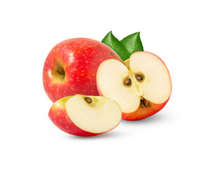 Fresh red apple with cut in half and slice isolated with leaf.