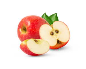 Fresh red apple with cut in half and slice isolated with leaf.