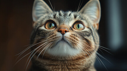 Close up portrait of a tabby cat looking up with bright eyes and long white whiskers in soft light