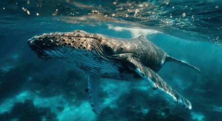 Fototapeta premium Humpback Whale Swimming Gracefully Underwater in Turquoise Ocean, Illustrating Marine Conservation and Wildlife Exploration, Perfect for Environmental Awareness Campaigns : Generative AI