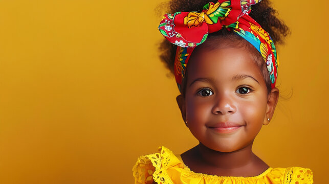 Portrait of a joyful brazilian child in traditional attire with a subtle smile and text space