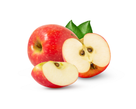 Fresh red apple with cut in half and slice isolated with leaf.