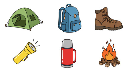 Camping equipment icons including tent, backpack, and flashlight - Concept of set of icons  