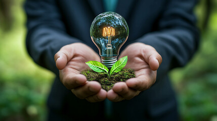 A person holding a lightbulb with a small plant growing out of it in their hands outdoors in nature