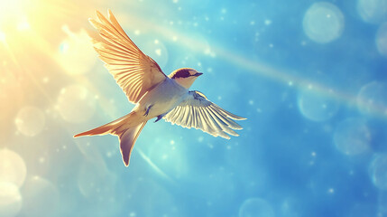 A bird with outstretched wings soars against a bright blue sky with bokeh and sun flare effects