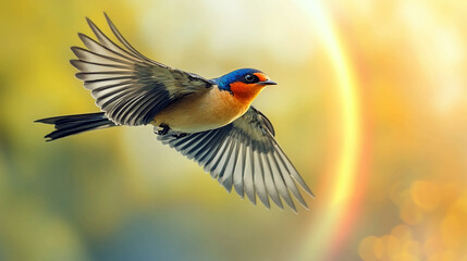 A swallow in flight with wings spread against a bright, blurred background with a sunbeam effect