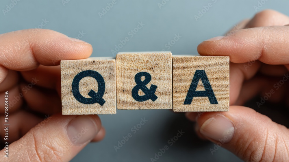 Poster wooden blocks spelling q & a held by hands, illustrating information exchange and customer service s