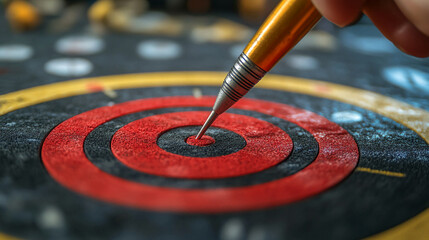 Close up shot of a dart hitting the bullseye on a dartboard with red and black concentric circles