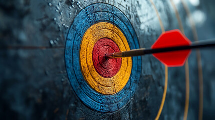 Close up of an arrow hitting the bullseye on a target with blue yellow and red concentric circles
