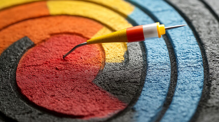 Close up of a dart in the bullseye of a target with concentric circles of various colors on a rough surface