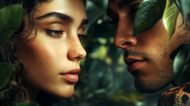 Adam and Eve in the Garden of Eden.
Story of Bible, the beginning of the world.
