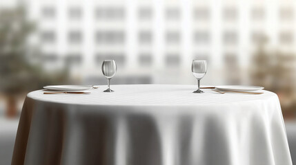A table is set with white tablecloth plates glasses and silverware ready for a meal or celebration