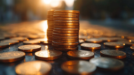 Close up shot of stacked gold coins and scattered coins with a blurred background and warm lighting