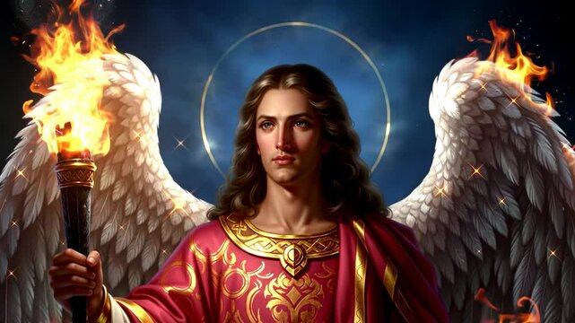 Man as an angel with white wings and halo holding a flaming torch. Spiritual and religious concept for divine power and light footage. Archangel Uriel. Symbol of light and truth.
