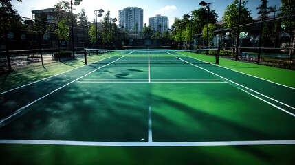 Obraz premium Empty Green Tennis Court on a Sunny Day, Representing Healthy Lifestyle and Sports Facility Investment : Generative AI