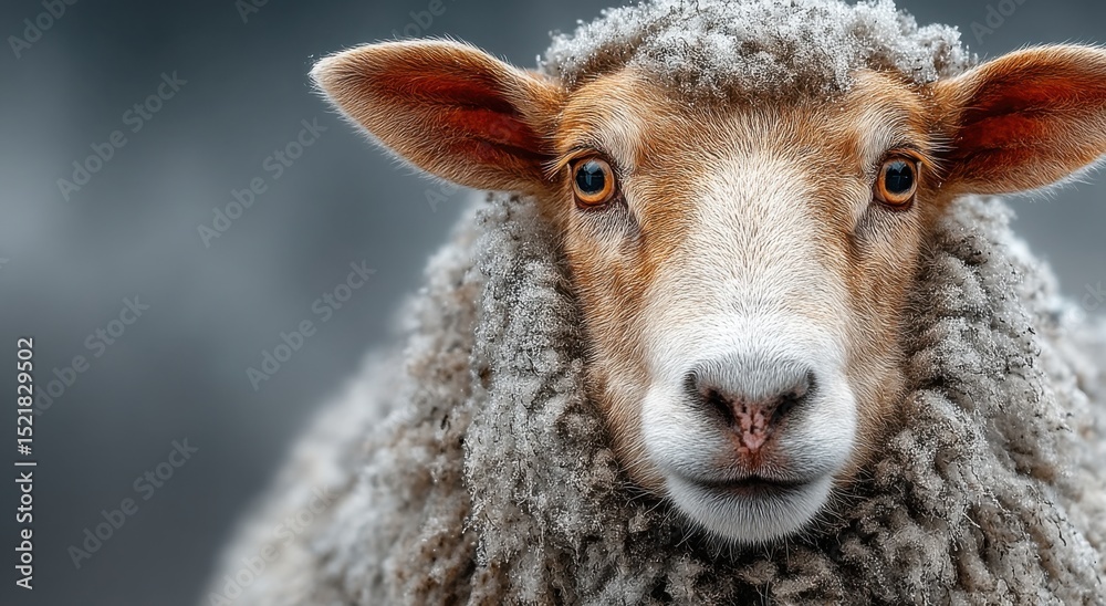 Poster close-up of a sheep's face covered in snow, symbolizing winter livestock and agricultural resilience