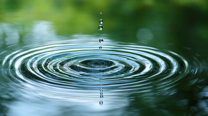 Water droplets falling into a pond creating ripples on the surface with a green blurred background