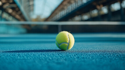 A single tennis ball sitting on a blue tennis court with a blurred background under a bridge like structure