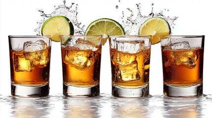 Four glasses of whiskey with ice cubes and lime slices against a white background with water splashes