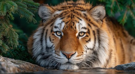 Fototapeta premium Close-Up of a Siberian Tiger Resting Near Water, Showcasing Wildlife Conservation and Natural Beauty : Generative AI