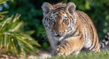 Obraz premium Adorable Tiger Cub Walking Through Green Grass, Symbolizing Wildlife Conservation and Endangered Species Awareness in Nature Photography : Generative AI