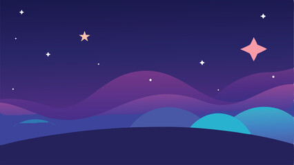 Abstract night scene with stylized landscape and sparkling stars illustration