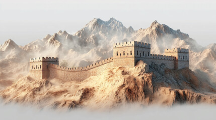 A scenic view of the great wall of china atop a mountain range shrouded in mist and soft light scenery