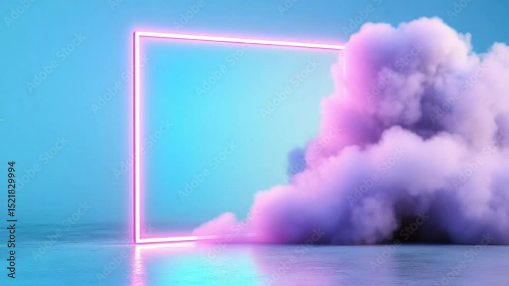 Poster Abstract Neon Frame and Clouds: A captivating scene showcasing an abstract neon frame, gracefully juxtaposed with a fluffy cloud, creating a dreamy and artistic composition.